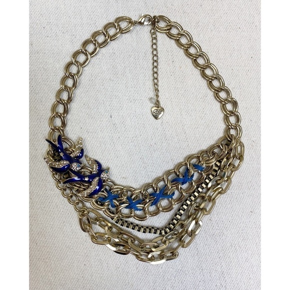 Betsey Johnson blue enamel bird statement necklace. - Picture 4 of 6